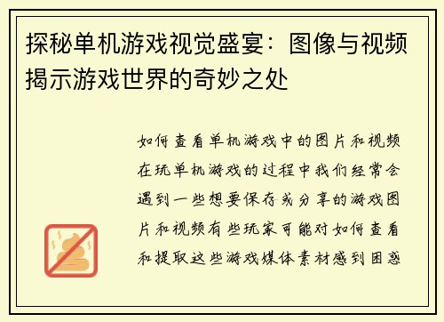 探秘单机游戏视觉盛宴：图像与视频揭示游戏世界的奇妙之处